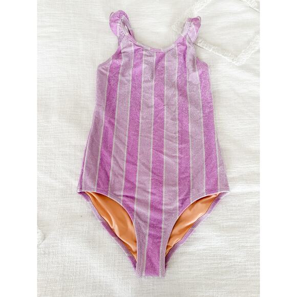 Crewcuts | New Girls' shimmer-stripe ruffle one-piece swimsuit Smoky Lilac Sz 12 - Picture 2 of 8